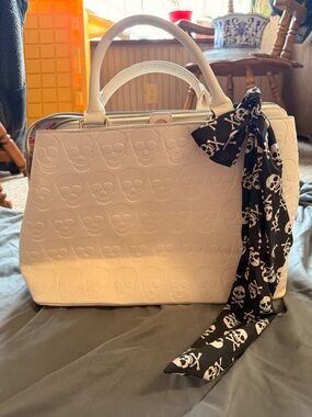 Betsey Johnson White Skull-Embossed Satchel with Black Skull Scarf